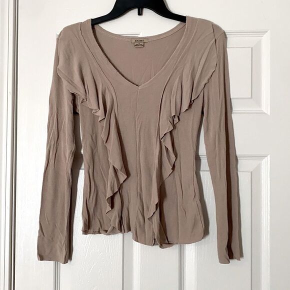 EUC Anama Boutique Label Top Shirt Blouse Ribbed Knit Tan Brown Medium M - Picture 1 of 5
